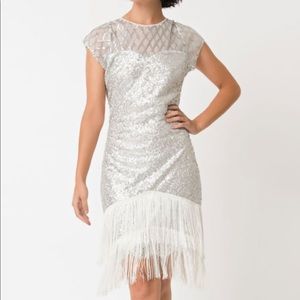 UV 1920s Silver Sequin Fringe Flapper Dress Large